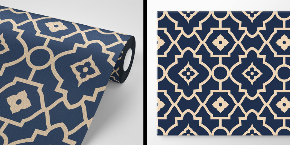 Koyu Lacivert ve Bej İslami Desenli Duvar Kağıdı 6143