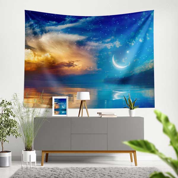 Hilal ve Yıldızlı Gece Manzaralı İslami Duvar Örtüsü Kumaş Baskı 10606
