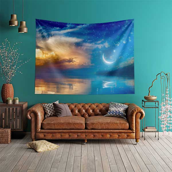 Hilal ve Yıldızlı Gece Manzaralı İslami Duvar Örtüsü Kumaş Baskı 10606