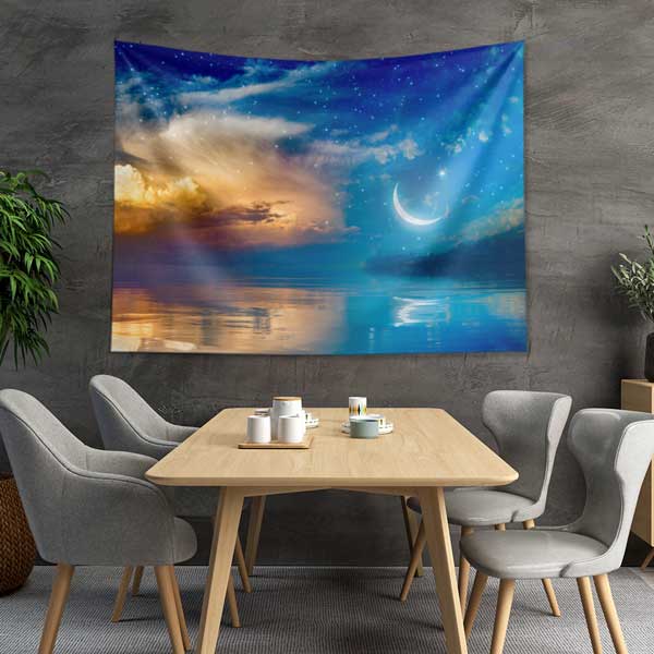 Hilal ve Yıldızlı Gece Manzaralı İslami Duvar Örtüsü Kumaş Baskı 10606