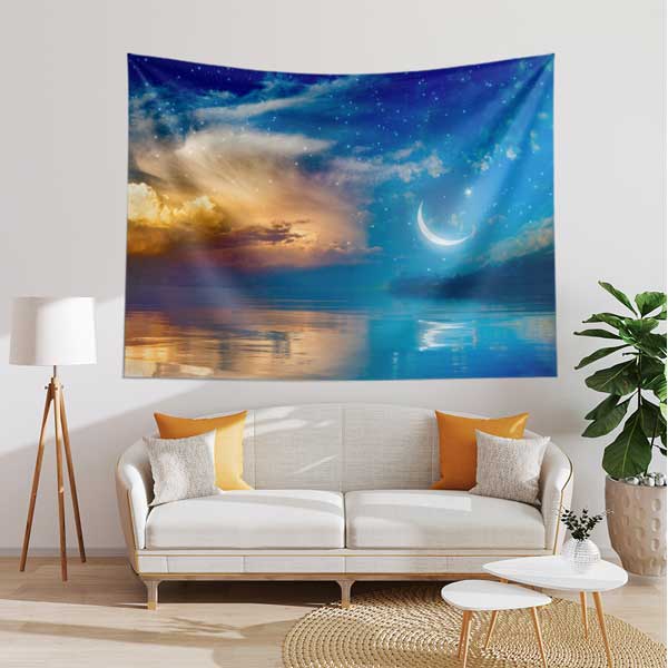Hilal ve Yıldızlı Gece Manzaralı İslami Duvar Örtüsü Kumaş Baskı 10606