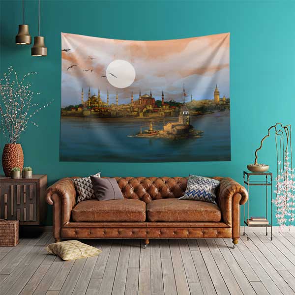 İstanbul Silüeti Sanatsal Duvar Örtüsü Kumaş Baskı 10641