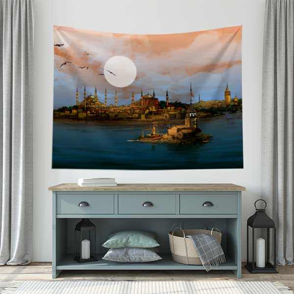 İstanbul Silüeti Sanatsal Duvar Örtüsü Kumaş Baskı 10641