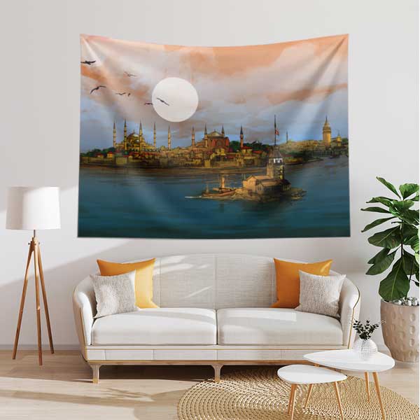 İstanbul Silüeti Sanatsal Duvar Örtüsü Kumaş Baskı 10641