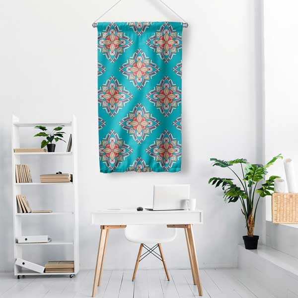 Turkuaz Zeminli Etnik Desenli Duvar Flaması 10648