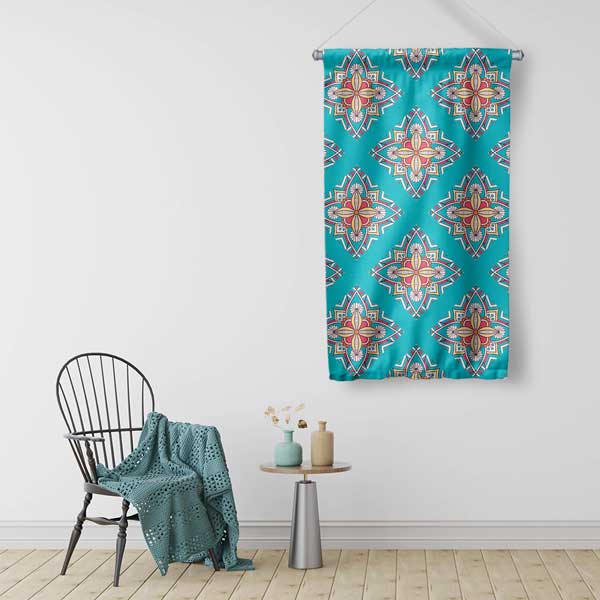 Turkuaz Zeminli Etnik Desenli Duvar Flaması 10648