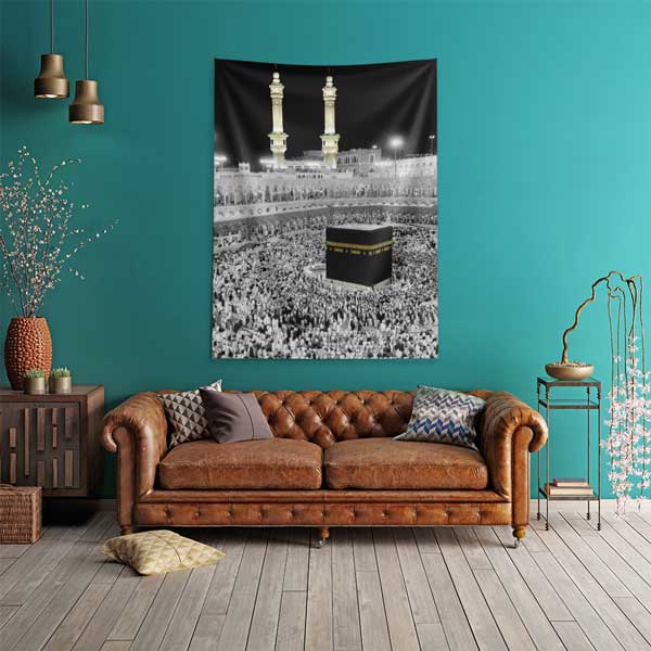 Kabe ve Mescid-i Haram Manzaralı İslami Duvar Örtüsü Kumaş Baskı 10617
