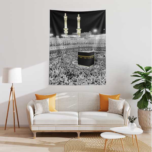 Kabe ve Mescid-i Haram Manzaralı İslami Duvar Örtüsü Kumaş Baskı 10617