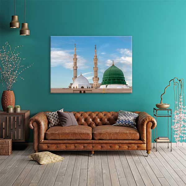 islam-kanvas-tablolar-10902-01 Medine Mescid-i Nebevi Yeşil ve Beyaz Kubbe Kanvas Duvar Tablosu – 10902