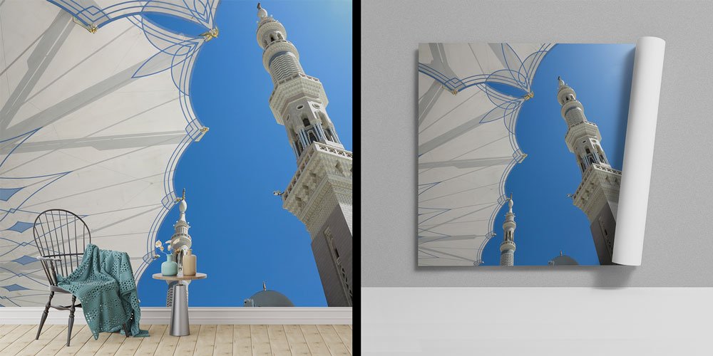 Medine Minare ve Gölgelik Desenli İslami Duvar Kağıdı 6161