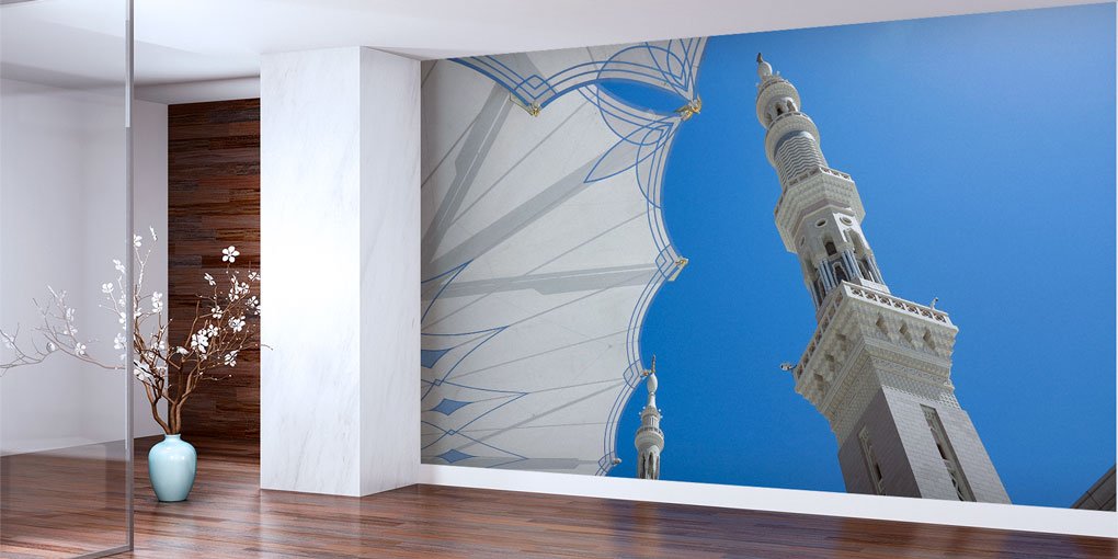 Medine Minare ve Gölgelik Desenli İslami Duvar Kağıdı 6161