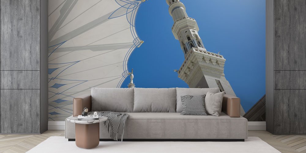 Medine Minare ve Gölgelik Desenli İslami Duvar Kağıdı 6161