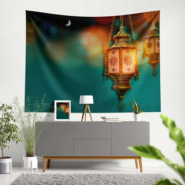 İslami Fener ve Hilalli Tasarımlı Dekoratif Duvar Örtüsü Kumaş Baskı 10607