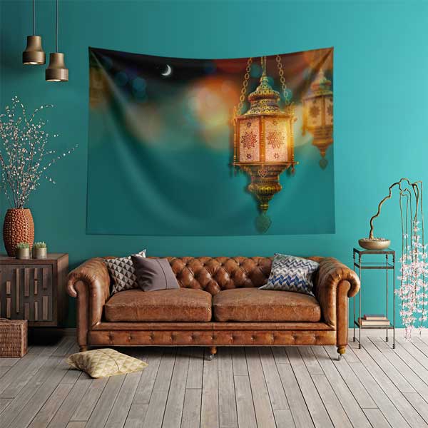 İslami Fener ve Hilalli Tasarımlı Dekoratif Duvar Örtüsü Kumaş Baskı 10607