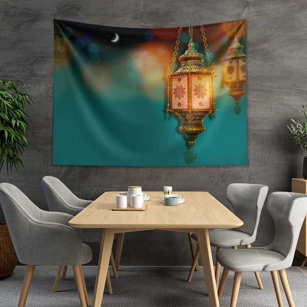 İslami Fener ve Hilalli Tasarımlı Dekoratif Duvar Örtüsü Kumaş Baskı 10607