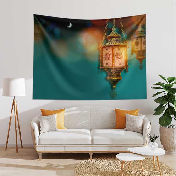 İslami Fener ve Hilalli Tasarımlı Dekoratif Duvar Örtüsü Kumaş Baskı 10607