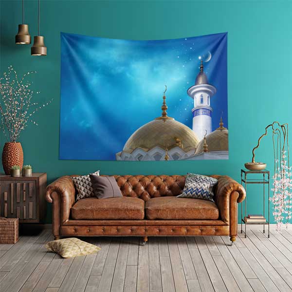 Altın Kubbe ve Minareli İslami Dekoratif Duvar Örtüsü Kumaş Baskı 10608