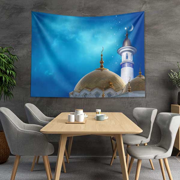 Altın Kubbe ve Minareli İslami Dekoratif Duvar Örtüsü Kumaş Baskı 10608