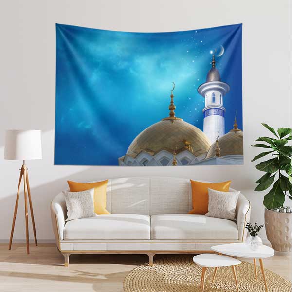 Altın Kubbe ve Minareli İslami Dekoratif Duvar Örtüsü Kumaş Baskı 10608