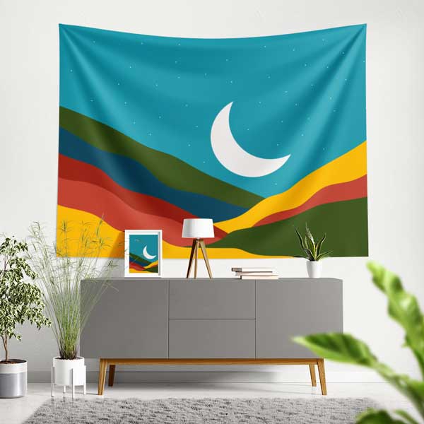 Modern Renkli Manzara ve Hilal Desenli Dekoratif Duvar Örtüsü Kumaş Baskı 10609