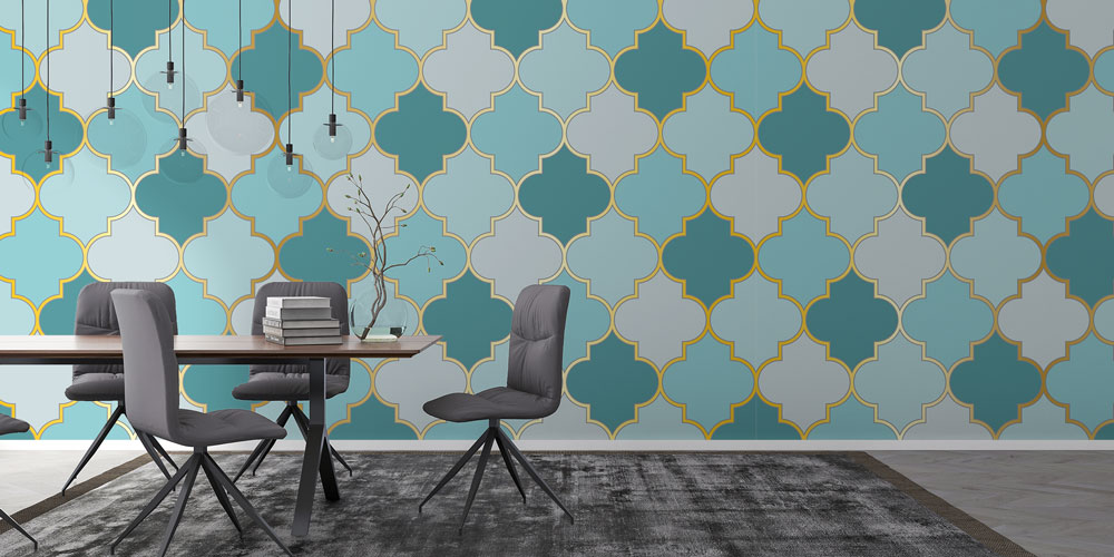 Fas Mozaik Desenli Altın Çizgili Duvar Kağıdı 10406