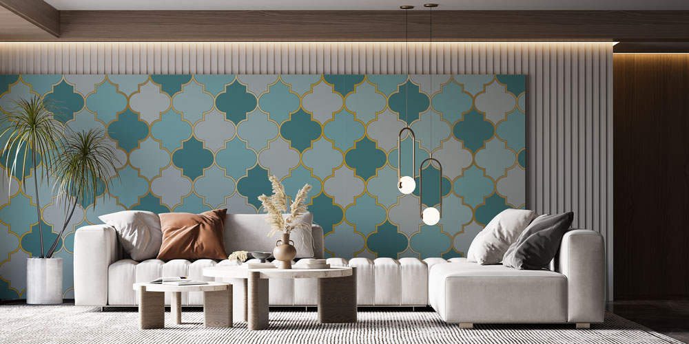 Fas Mozaik Desenli Altın Çizgili Duvar Kağıdı 10406