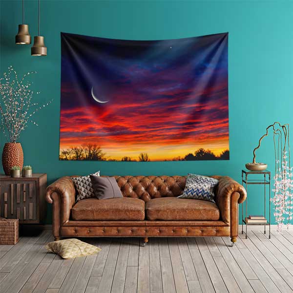 Kızıl Günbatımı ve Hilalli İslami Duvar Örtüsü Kumaş Baskı 10603