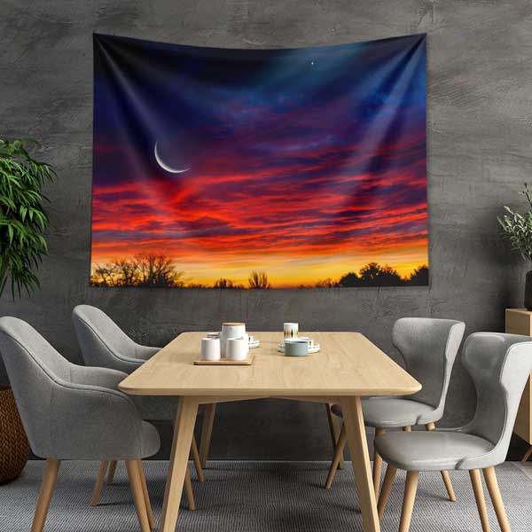 Kızıl Günbatımı ve Hilalli İslami Duvar Örtüsü Kumaş Baskı 10603