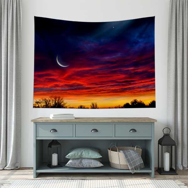 Kızıl Günbatımı ve Hilalli İslami Duvar Örtüsü Kumaş Baskı 10603