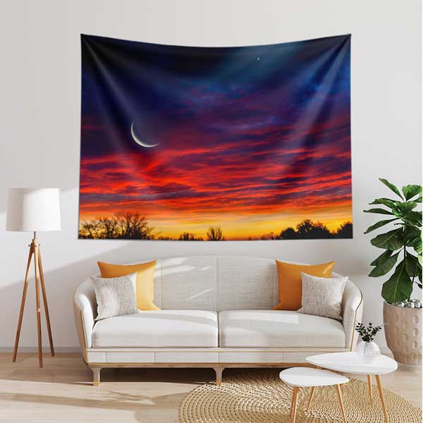 Kızıl Günbatımı ve Hilalli İslami Duvar Örtüsü Kumaş Baskı 10603