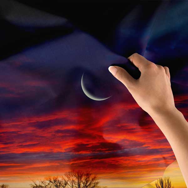 Kızıl Günbatımı ve Hilalli İslami Duvar Örtüsü Kumaş Baskı 10603