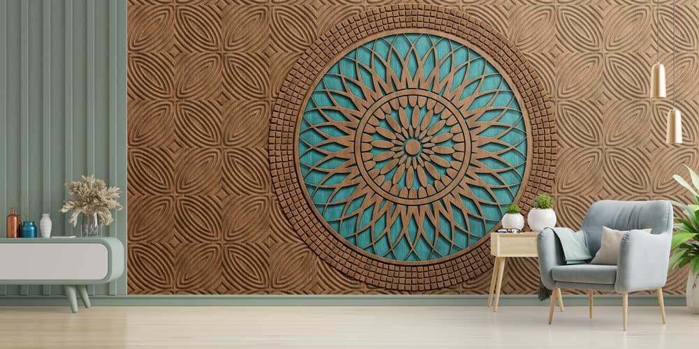 3D Görünümlü Ahşap Desenli İslami Duvar Kağıdı 10403