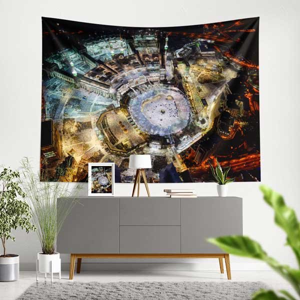Kabe ve Mekke Gece Manzaralı İslami Duvar Örtüsü Kumaş Baskı 10615