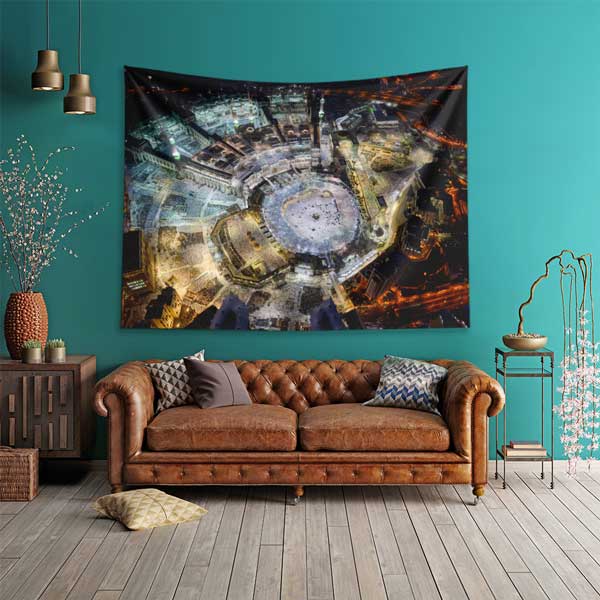 islam-sanati-dekorasyon-10615-01 Kabe ve Mekke Gece Manzaralı İslami Duvar Örtüsü Kumaş Baskı 10615