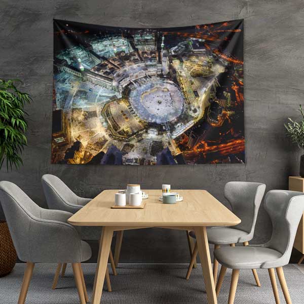 islam-sanati-dekorasyon-10615-02 Kabe ve Mekke Gece Manzaralı İslami Duvar Örtüsü Kumaş Baskı 10615