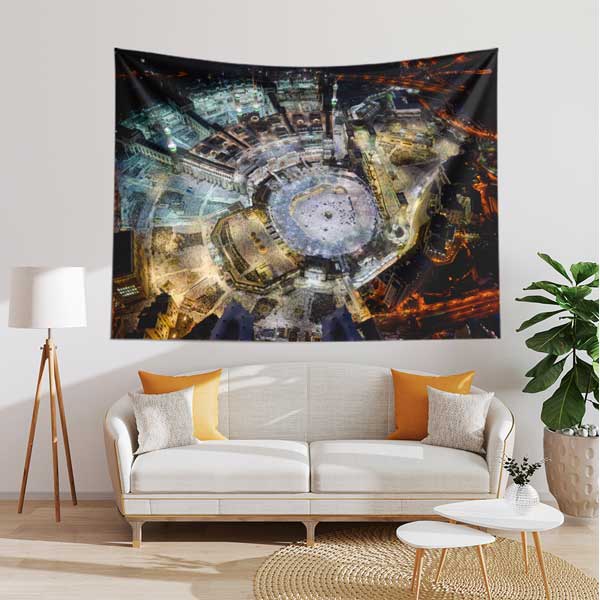 islam-sanati-dekorasyon-10615-03 Kabe ve Mekke Gece Manzaralı İslami Duvar Örtüsü Kumaş Baskı 10615