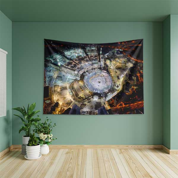 islam-sanati-dekorasyon-10615-04 Kabe ve Mekke Gece Manzaralı İslami Duvar Örtüsü Kumaş Baskı 10615