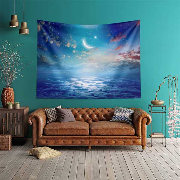 islam-sanati-duvar-dekoru-10604-01 Hilalli Gökyüzü ve Bulut Manzaralı İslami Duvar Örtüsü Kumaş Baskı 10604