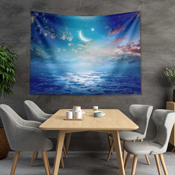 islam-sanati-duvar-dekoru-10604-02 Hilalli Gökyüzü ve Bulut Manzaralı İslami Duvar Örtüsü Kumaş Baskı 10604