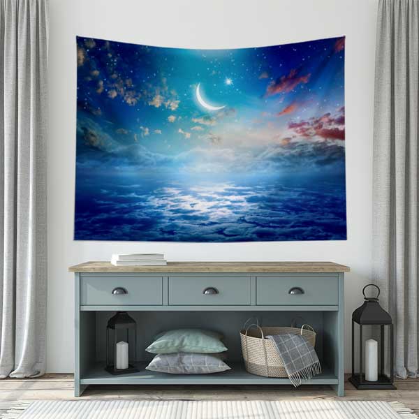 islam-sanati-duvar-dekoru-10604-03 Hilalli Gökyüzü ve Bulut Manzaralı İslami Duvar Örtüsü Kumaş Baskı 10604