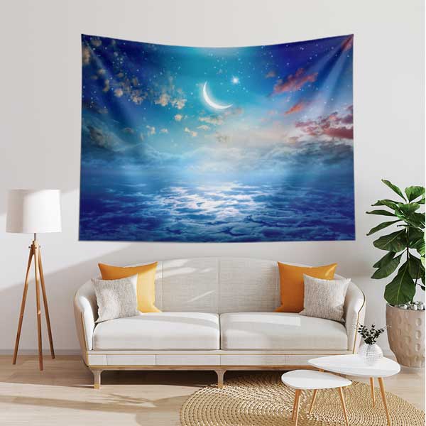 islam-sanati-duvar-dekoru-10604-04 Hilalli Gökyüzü ve Bulut Manzaralı İslami Duvar Örtüsü Kumaş Baskı 10604