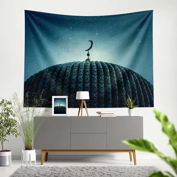 Cami Kubbesi ve Hilal Detaylı İslami Duvar Örtüsü Kumaş Baskı 10605