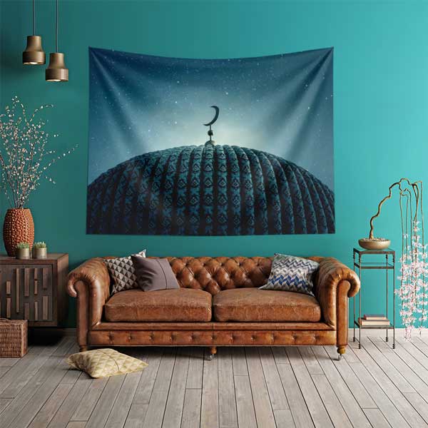 Cami Kubbesi ve Hilal Detaylı İslami Duvar Örtüsü Kumaş Baskı 10605