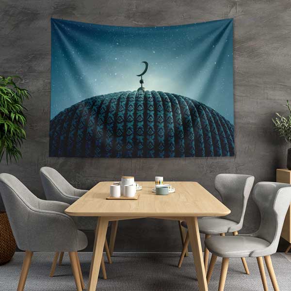 Cami Kubbesi ve Hilal Detaylı İslami Duvar Örtüsü Kumaş Baskı 10605