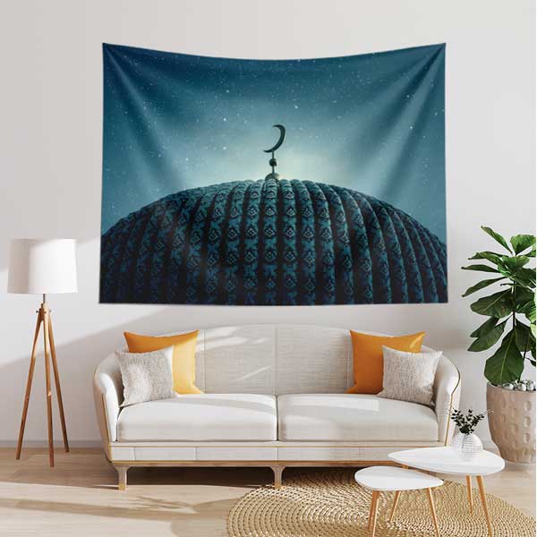 Cami Kubbesi ve Hilal Detaylı İslami Duvar Örtüsü Kumaş Baskı 10605