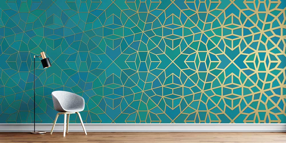 Altın Çizgili İslami Geometrik Duvar Kağıdı 10408