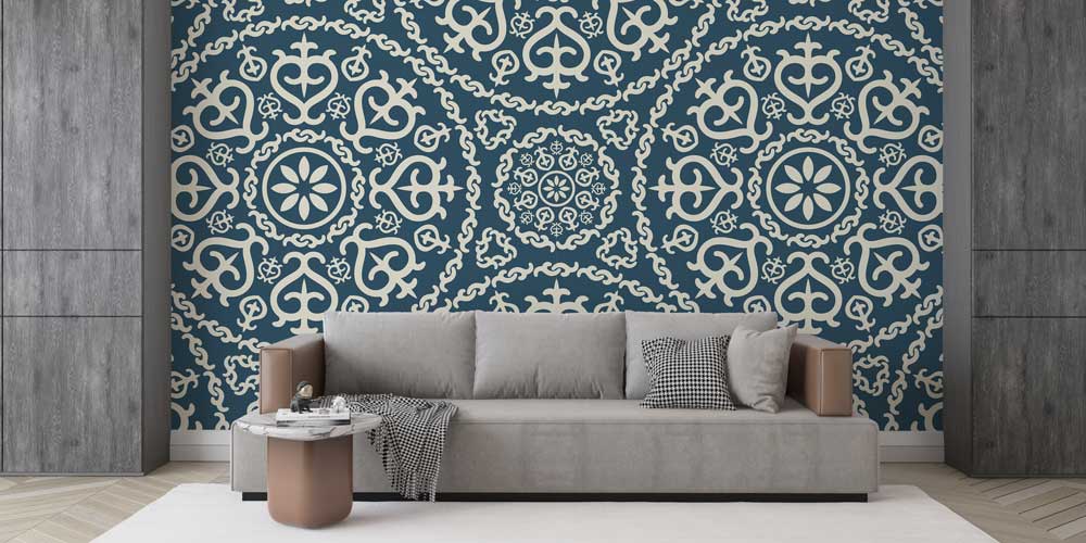 Lacivert Zemin Üzerine Osmanlı Motifli İslami Desen Duvar Kağıdı 6150