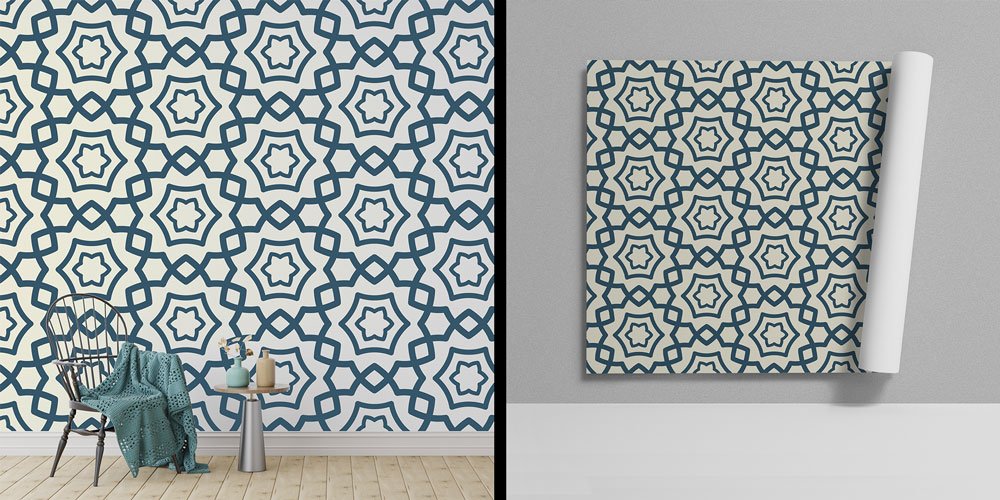 Krem Zeminli Lacivert İslami Geometrik Desen Duvar Kağıdı 6149