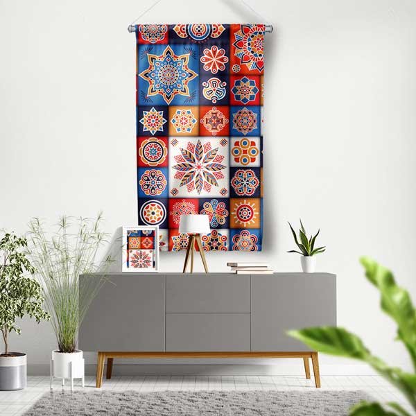 Kareli Mandala Desenli İslami Duvar Flaması 10646