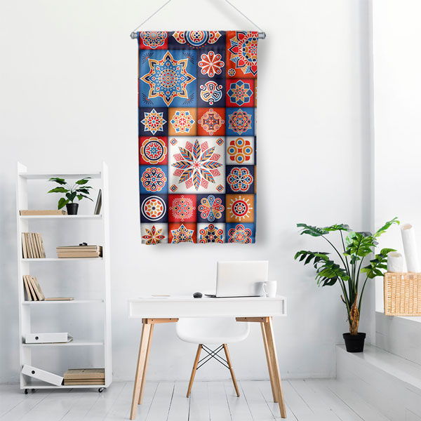 Kareli Mandala Desenli İslami Duvar Flaması 10646